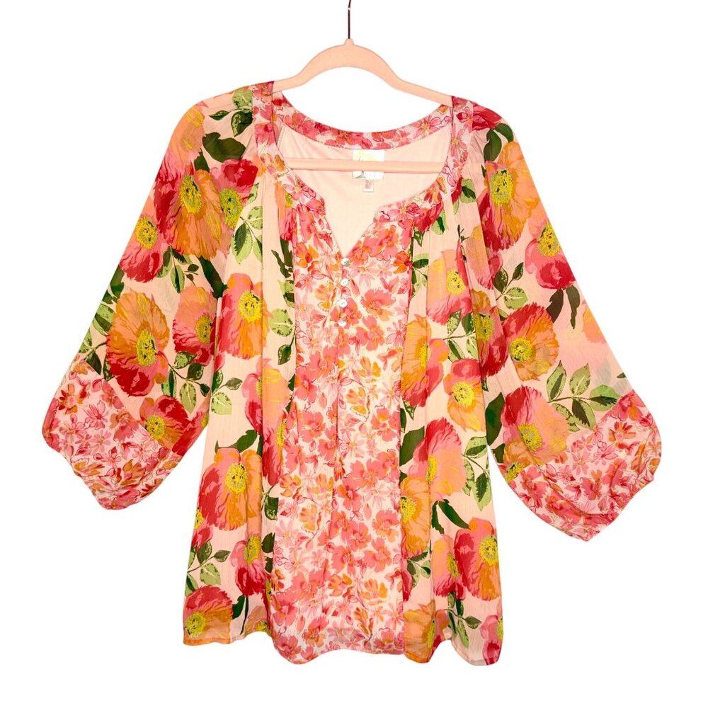 Fig & Flower  Mixed Print Lined Top - Size 2X